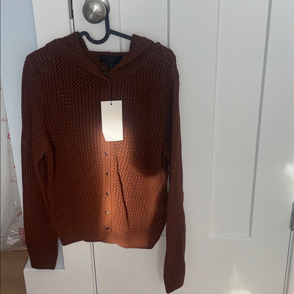 Zara Brown Open-Knit Hooded Button Cardigan